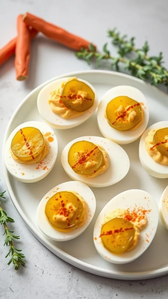 A platter of pickle-infused deviled eggs topped with dill pickles and paprika.