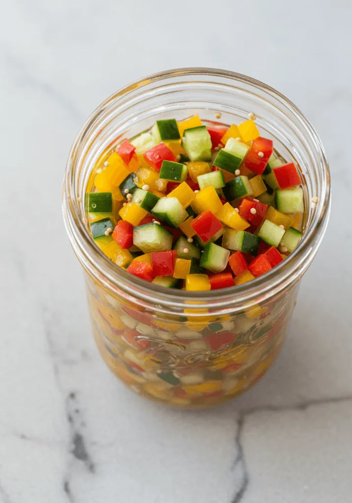 A jar of colorful sweet and sour pickle relish with fresh vegetables