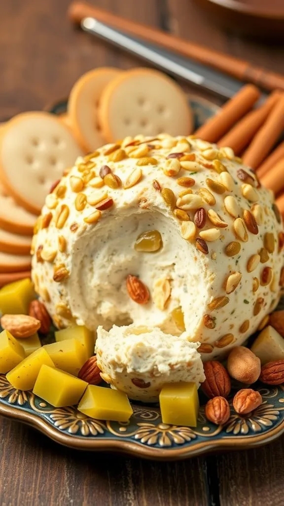 A pickle-studded cheese ball served with crackers and nuts.