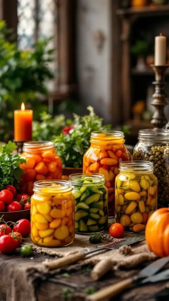 12 Fun Food Ideas for a Medieval Themed Party 10 Colorful jars of pickled vegetables, including cucumbers and tomatoes, arranged on a rustic table.