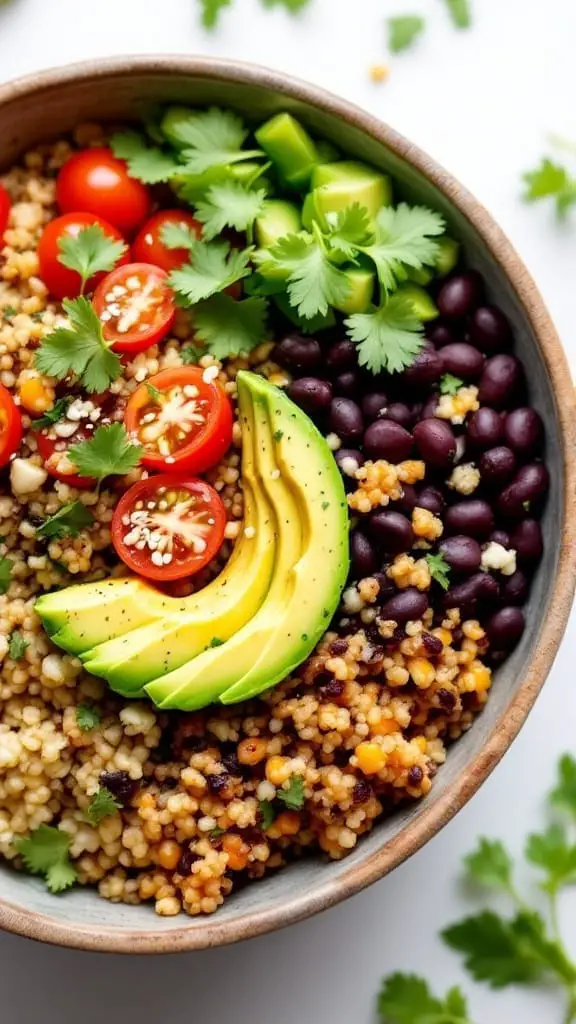 A delicious quinoa and black bean Buddha bowl topped with avocado, cherry tomatoes, and cilantro.