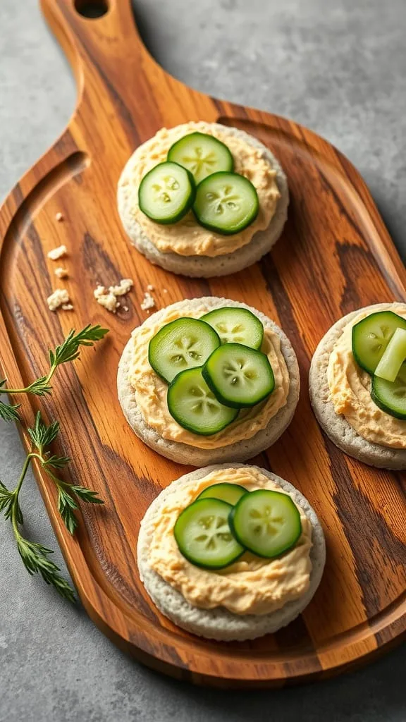 Rice cakes topped with hummus and cucumber slices on a wooden platter.