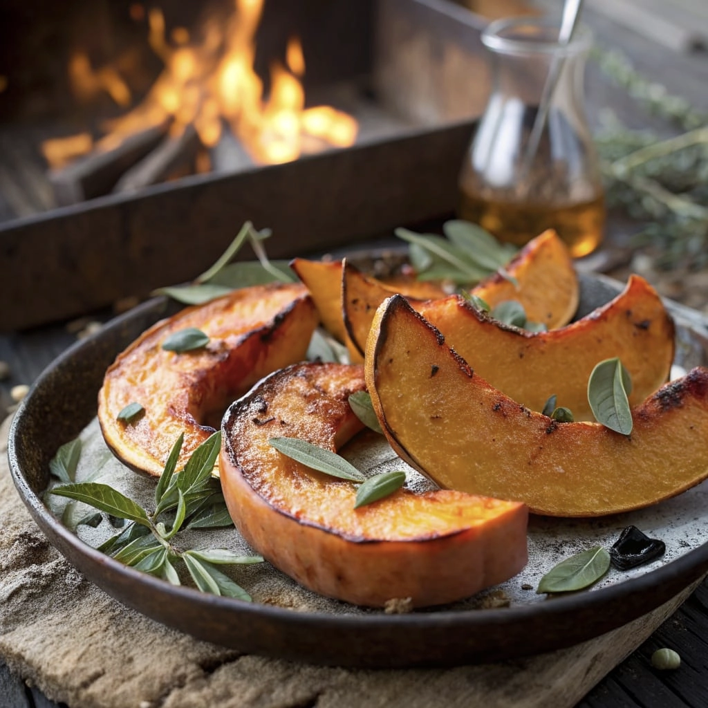 Grilled pumpkin rounds with sage leaves on a grill