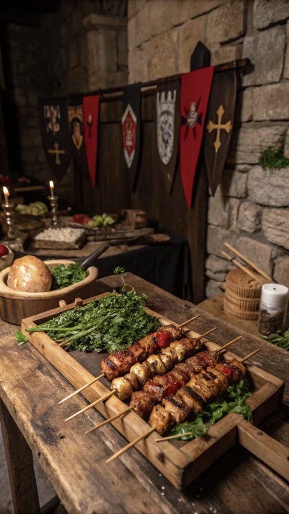 Juicy roasted meats on skewers ready for a medieval themed party.