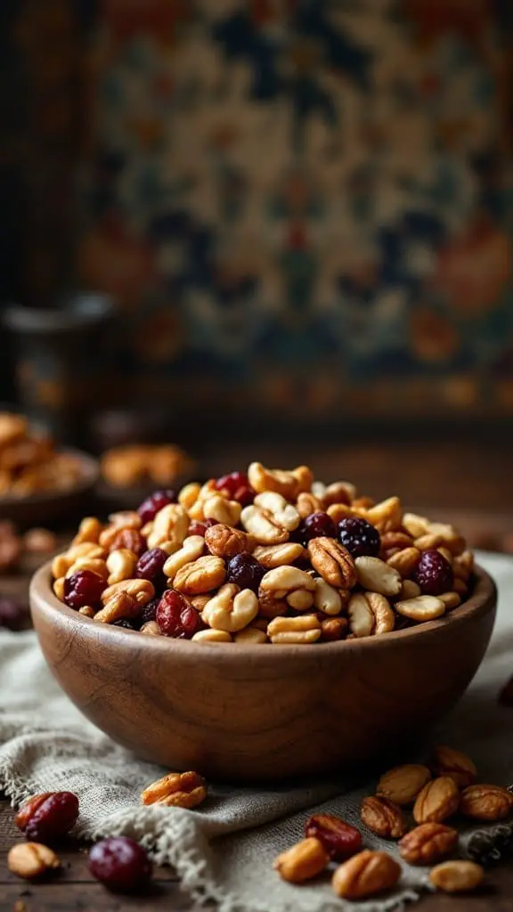 12 Fun Food Ideas for a Medieval Themed Party 11 A wooden bowl filled with roasted nuts and dried fruits, perfect for a medieval themed party.