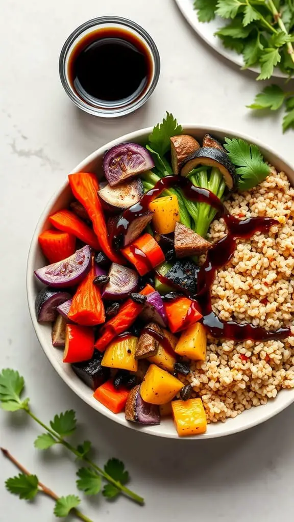 A colorful bowl filled with roasted vegetables, grains, and a delicious sauce.