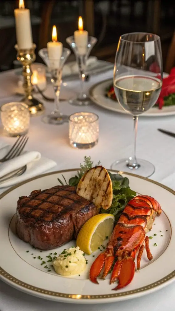 Valentines Day Dinner Ideas 6 A plate with a steak and lobster dish, garnished beautifully for a romantic dinner.