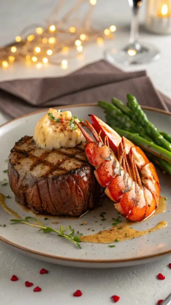 Perfect Valentines Day Dinner Ideas 6 A plate with a steak and lobster dish, garnished beautifully for a romantic dinner.