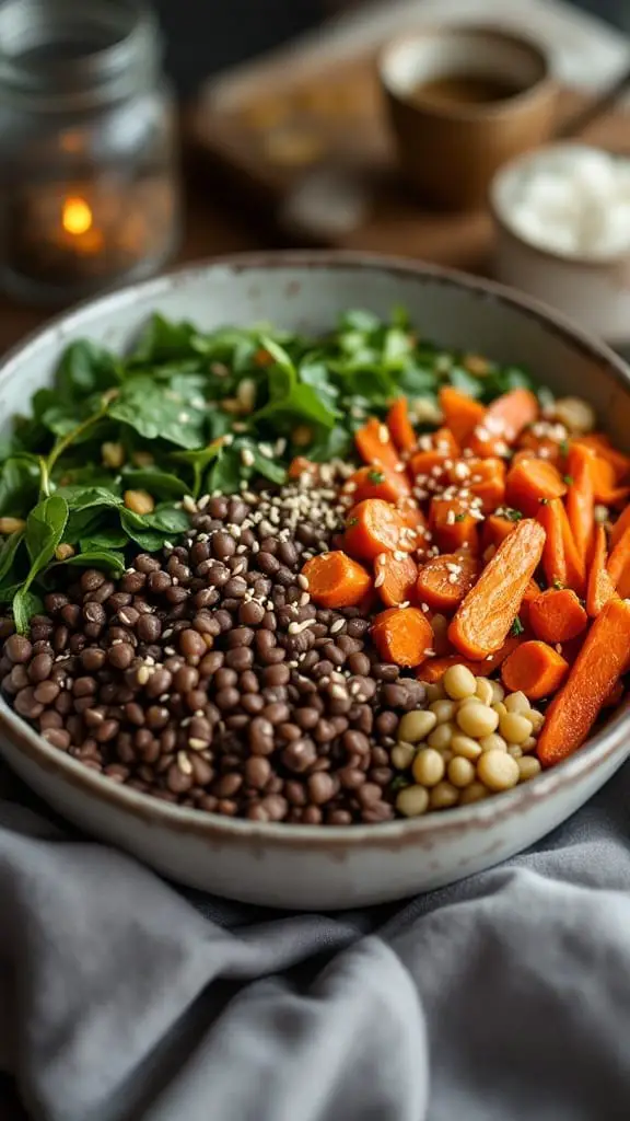 A colorful lentil and spinach Buddha bowl featuring sliced roasted carrots and nuts.