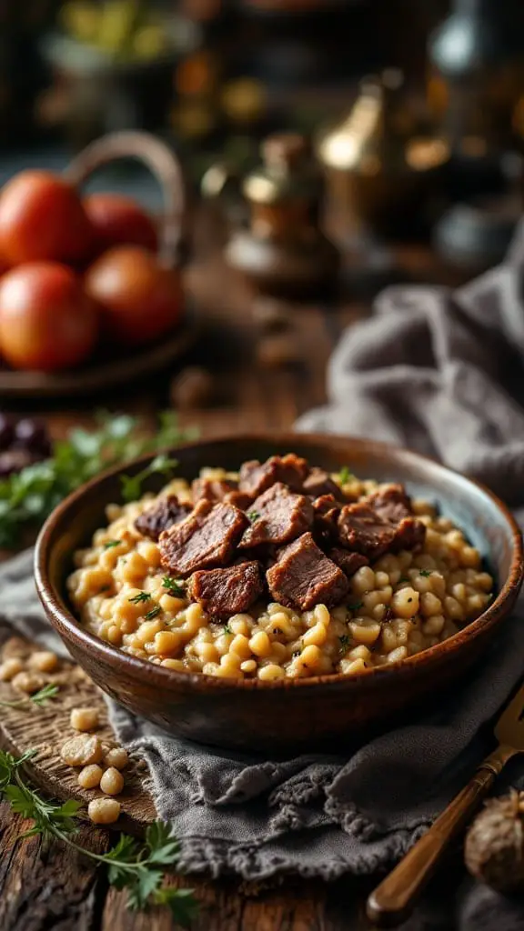 12 Fun Food Ideas for a Medieval Themed Party 3 Bowl of savory porridge with wild game, garnished with parsley