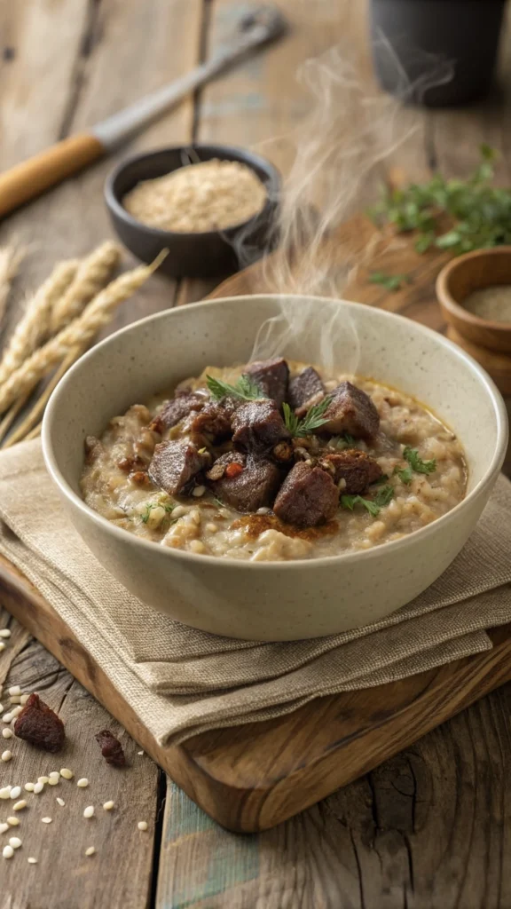 Bowl of savory pottage with wild game, garnished with parsley