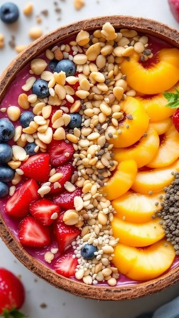 Smoothie bowl topped with nuts, fruits, and granola