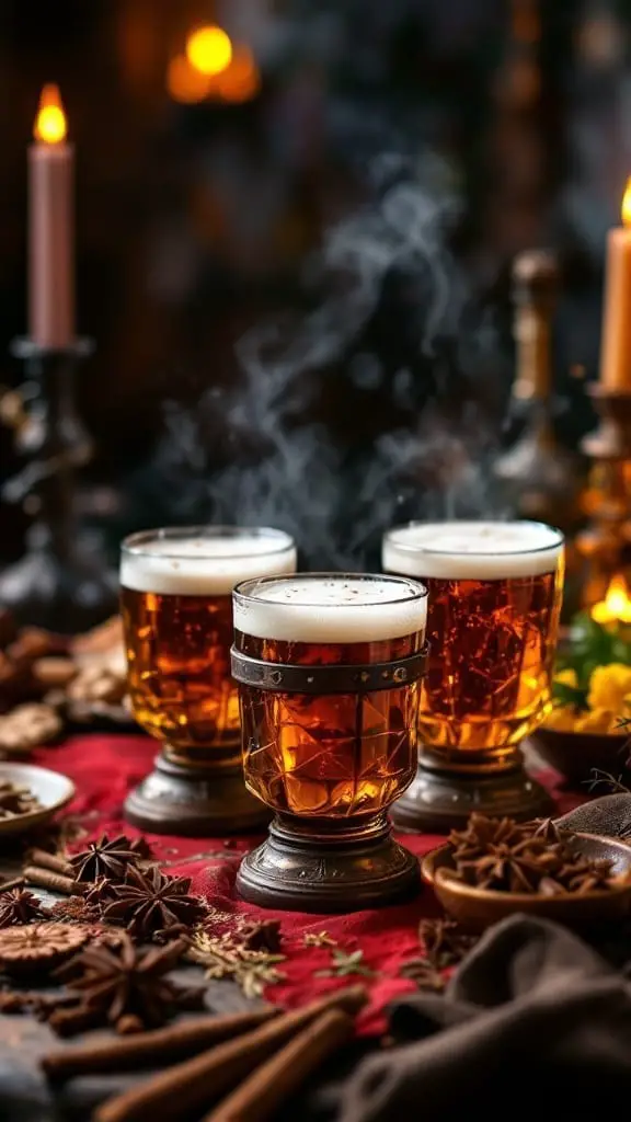 12 Fun Food Ideas for a Medieval Themed Party 2 A cozy medieval spiced ale in ornate goblets, surrounded by warm spices and a festive setting.