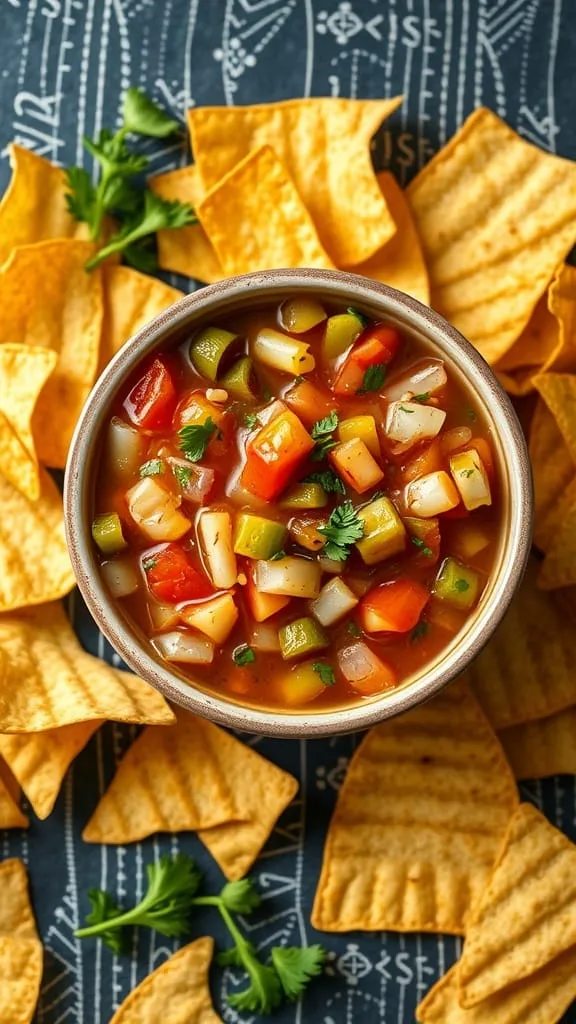 A bowl of spicy pickle salsa surrounded by tortilla chips