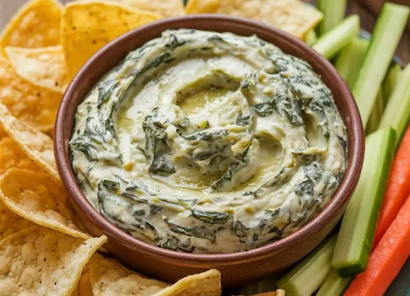 A bowl of creamy spinach and artichoke dip with tortilla chips and vegetable sticks on a wooden table.