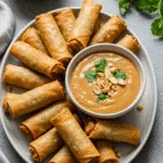 A platter of crispy vegetarian spring rolls with a bowl of peanut dipping sauce, garnished with fresh herbs.
