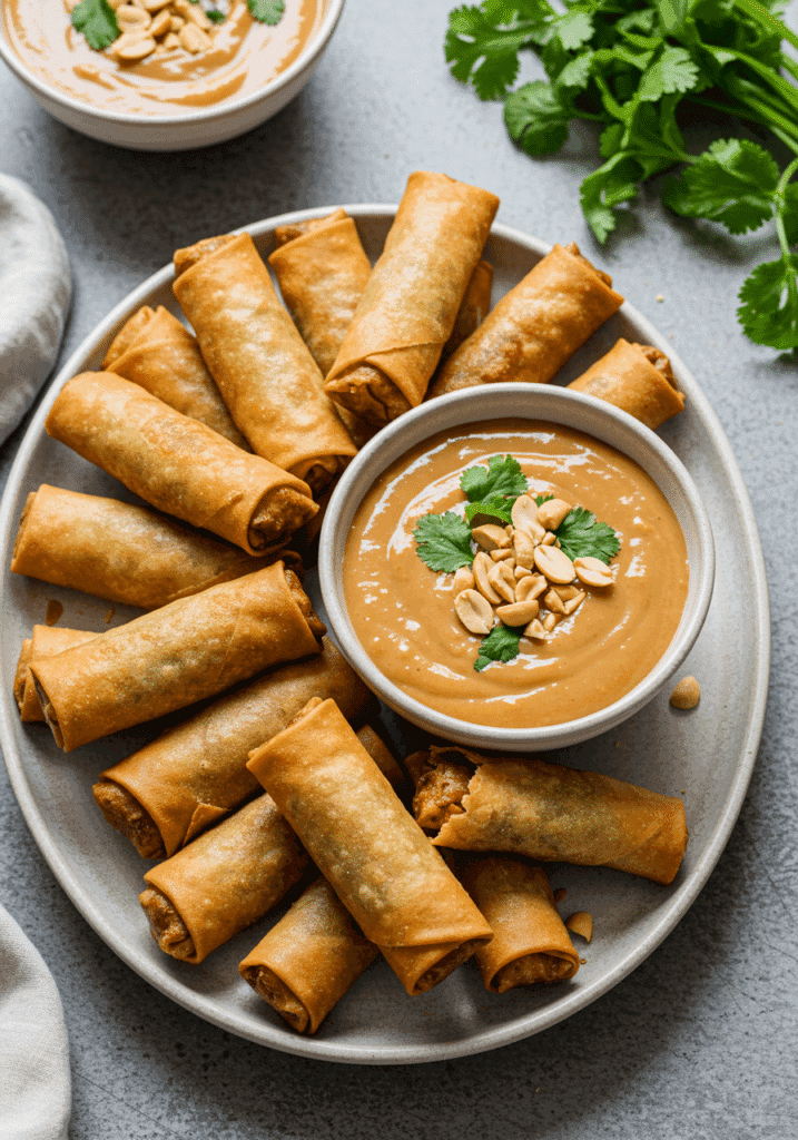 Crispy Vegetarian Spring Rolls With Creamy Peanut Dipping Sauce
