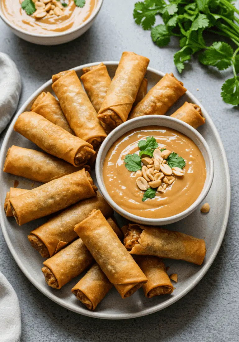 A platter of crispy vegetarian spring rolls with a bowl of peanut dipping sauce, garnished with fresh herbs.