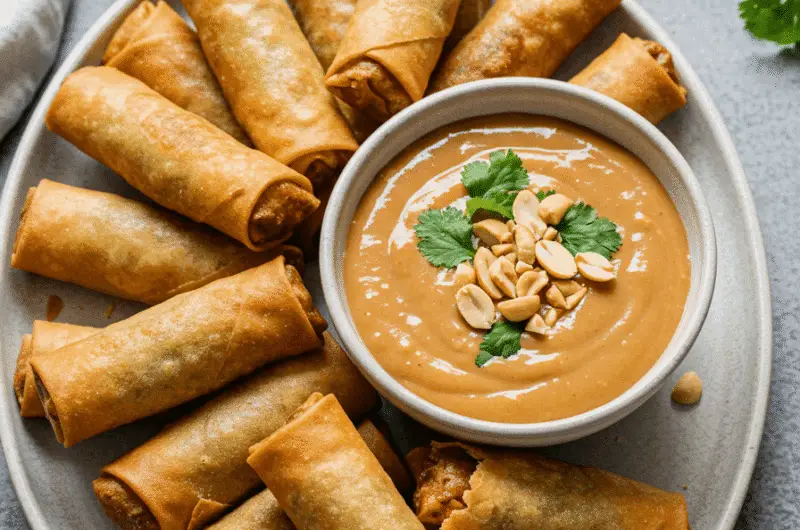 A platter of crispy vegetarian spring rolls with a bowl of peanut dipping sauce, garnished with fresh herbs.