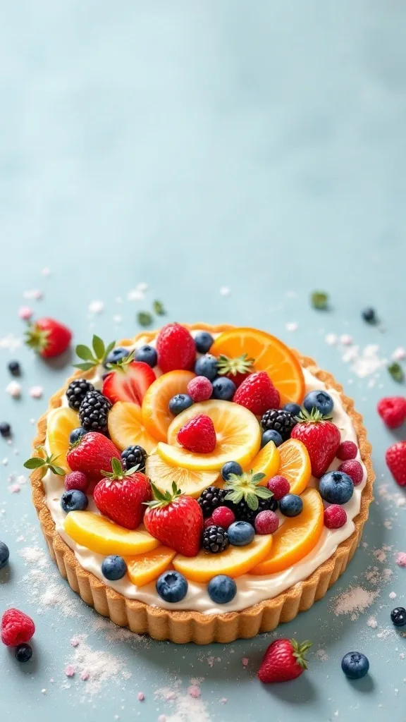 A colorful spring fruit tart topped with an assortment of fresh fruits and creamy vanilla filling.
