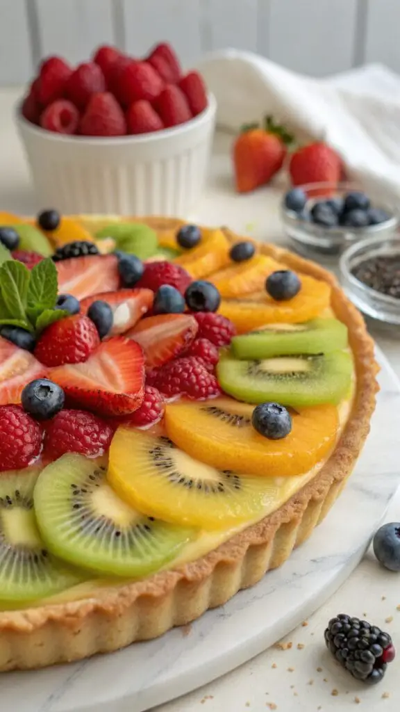 A colorful spring fruit tart topped with an assortment of fresh fruits and creamy vanilla filling.