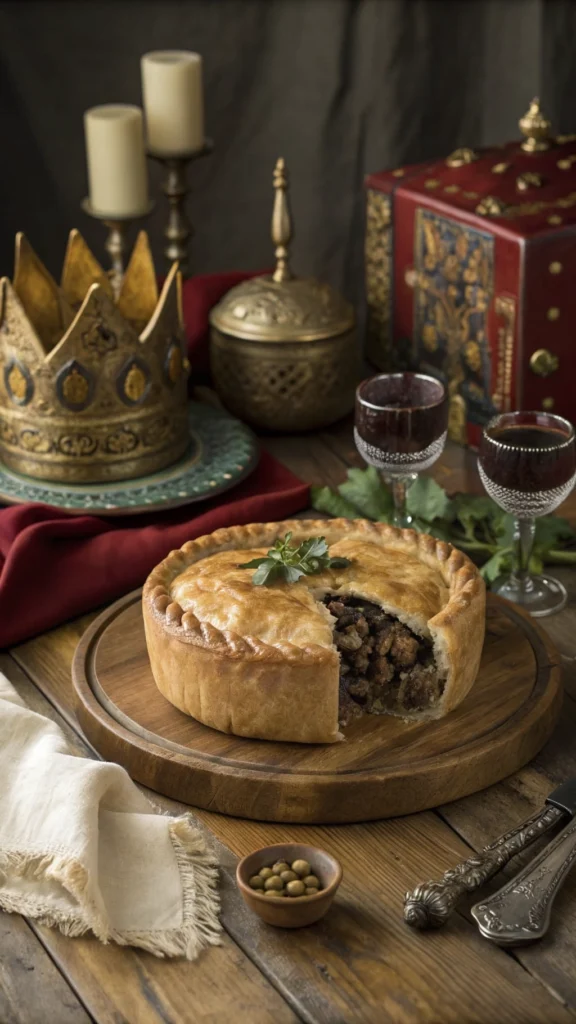 Stuffed pie with game meat, beautifully arranged on a wooden platter.