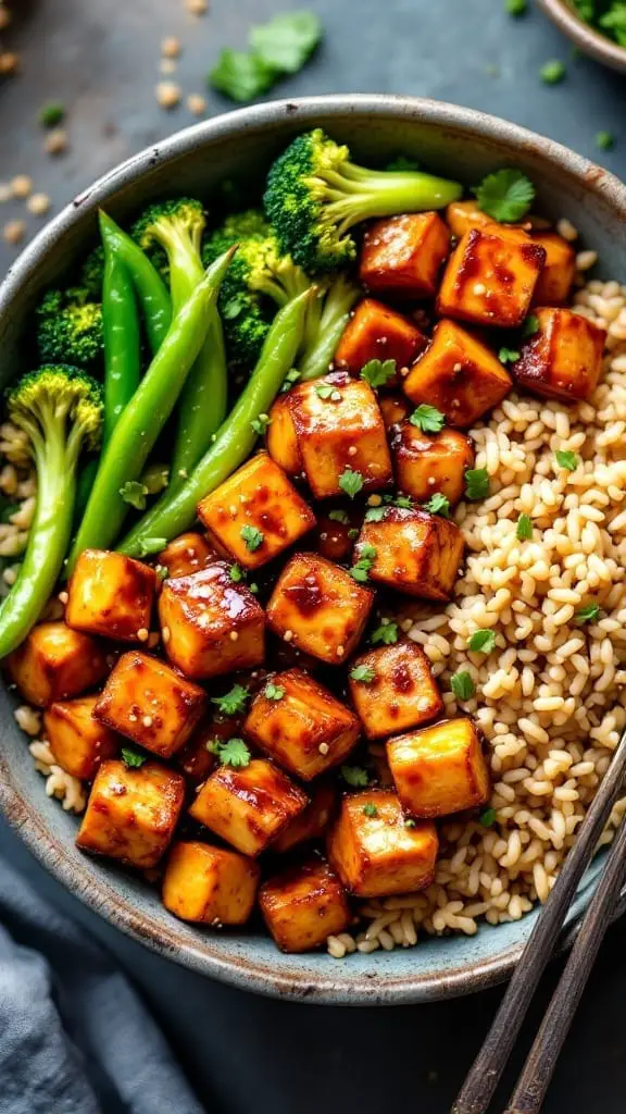 A colorful Teriyaki Tofu Buddha Bowl with tofu, rice, and assorted vegetables.