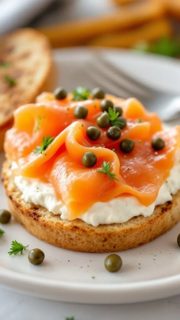 Toasted English muffin topped with smoked salmon, cream cheese, and capers.