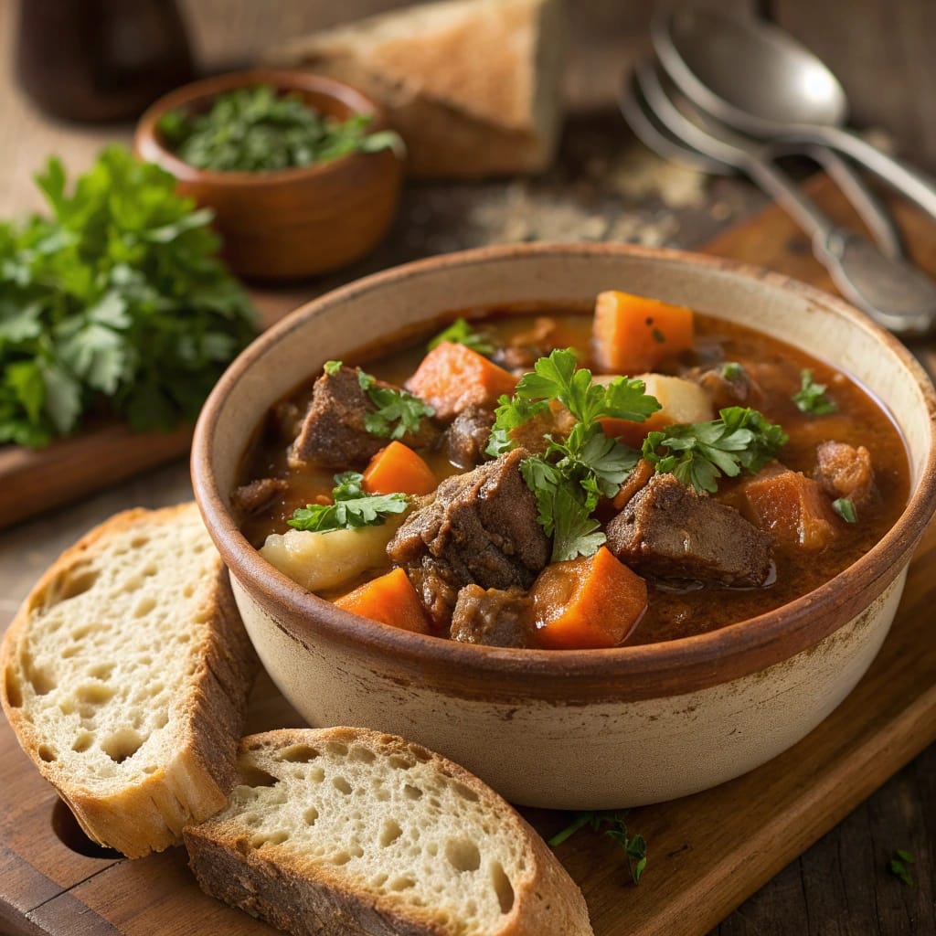 10 Delicious Irish Recipes to Celebrate St. Patrick's Day 4 A bowl of traditional Irish beef and Guinness stew with carrots and potatoes.