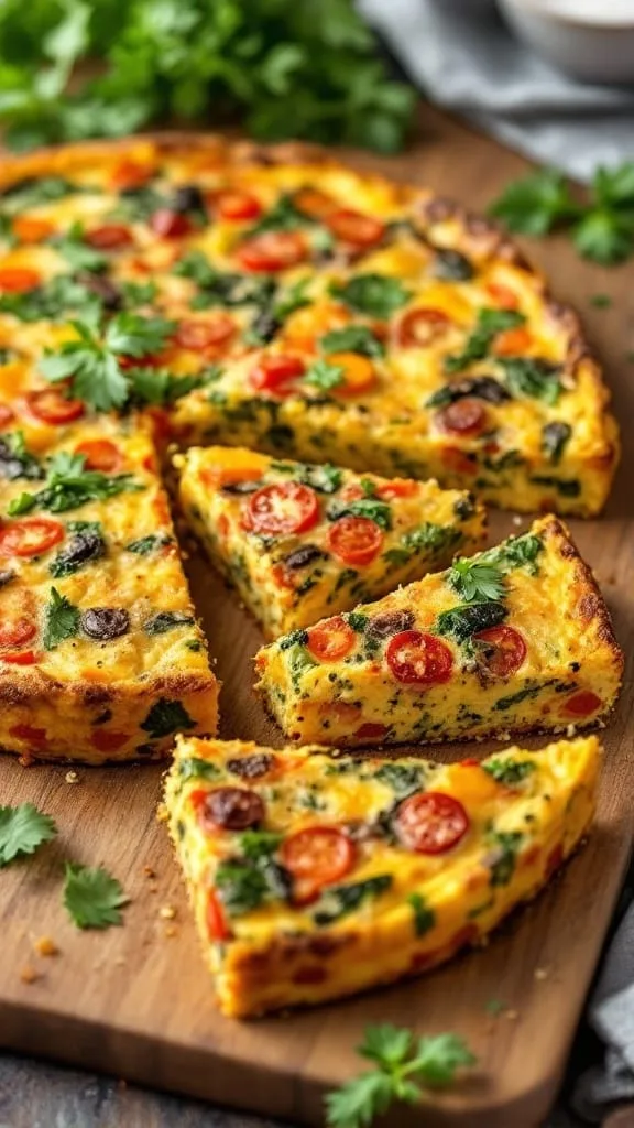 A freshly baked vegetable frittata with colorful toppings