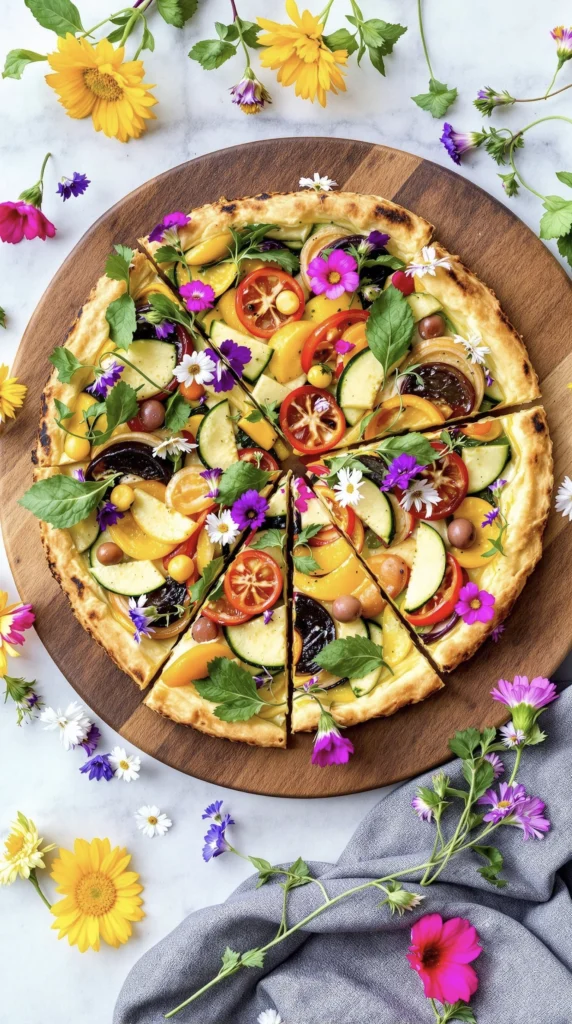 A colourful tart with seasonal vegetables and edible flowers on a wooden board