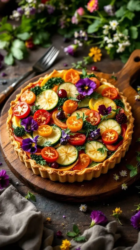 12 Fun Food Ideas for a Medieval Themed Party 5 A colorful vegetable tart featuring seasonal produce, set on a wooden board.