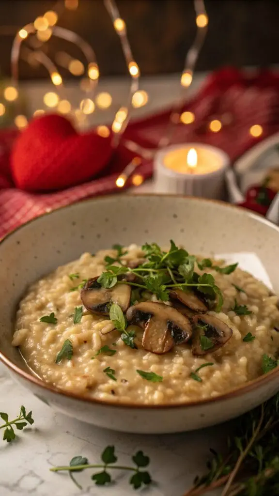 Perfect Valentines Day Dinner Ideas 7 A bowl of creamy mushroom risotto garnished with parsley, complemented by a glass of white wine.