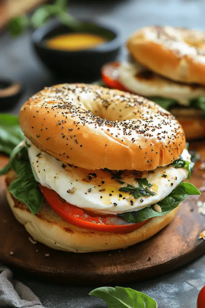 12 Quick and Tasty Breakfast Ideas for Busy Mornings 9 A Caprese breakfast sandwich made with mozzarella, tomato, and basil on a toasted bagel.