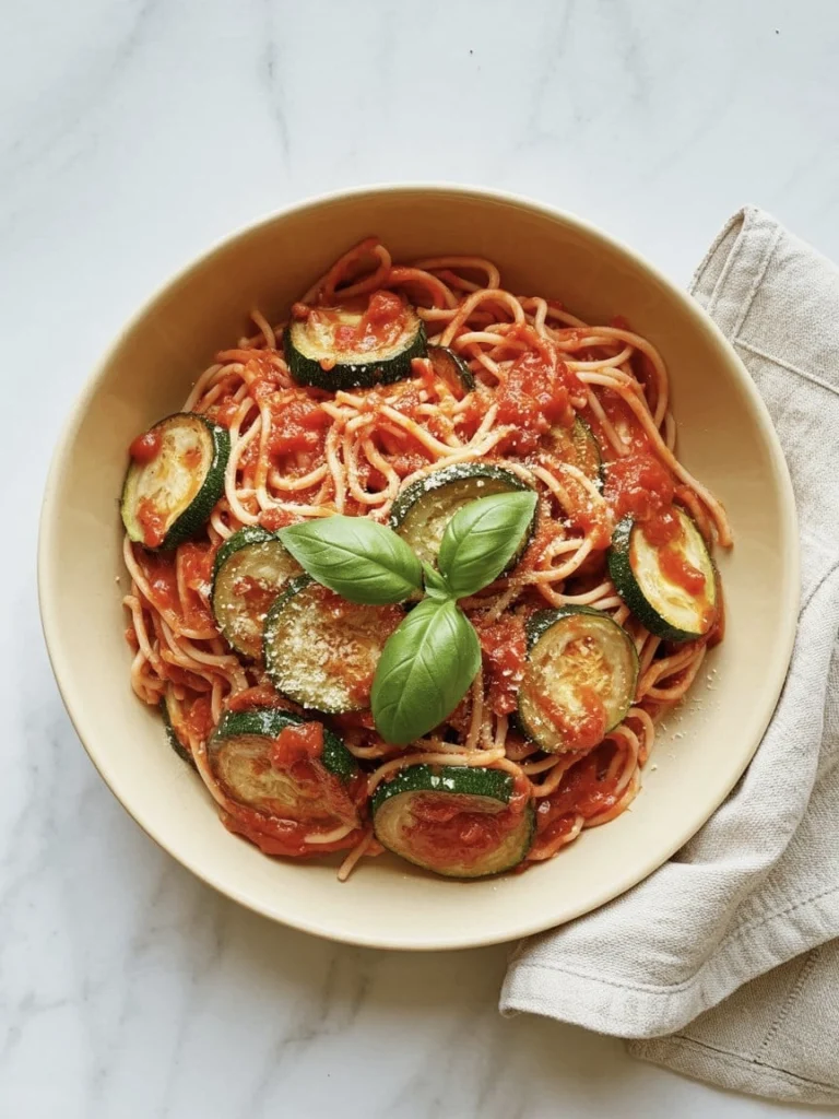 Bowl of Tomato and Zucchini Pasta garnished with fresh herbs.