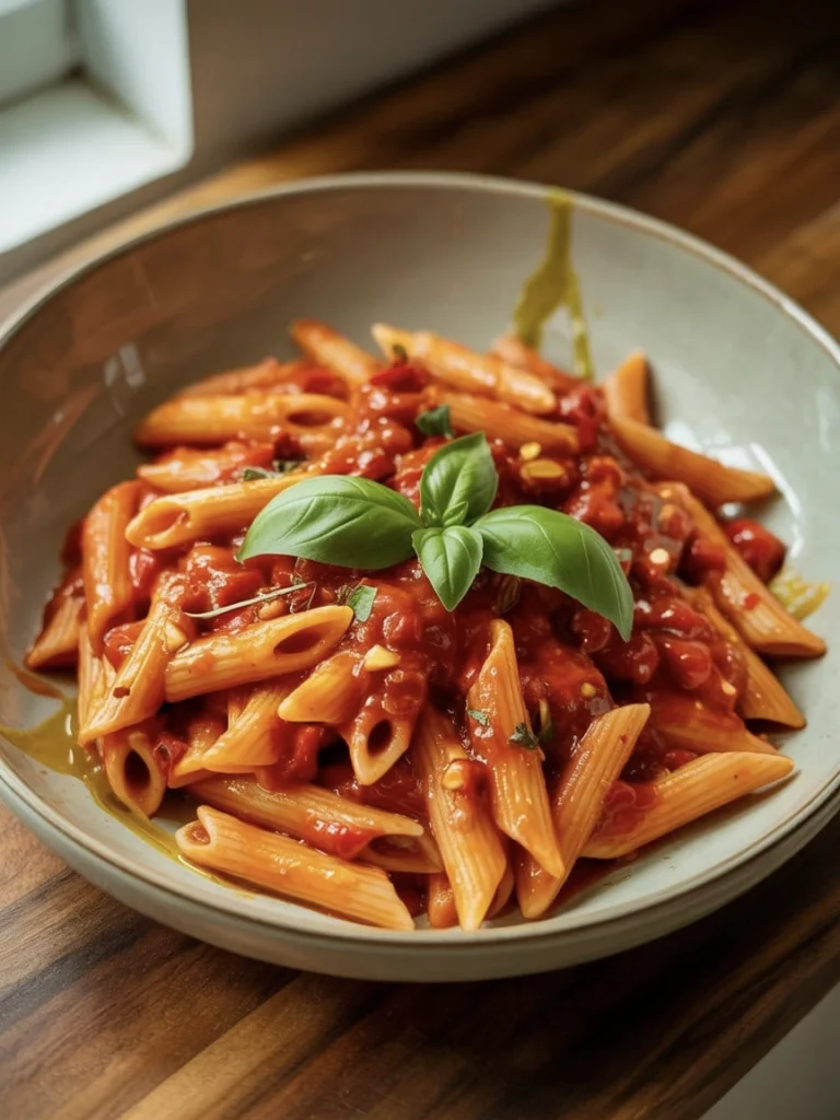 A bowl of spicy Arrabbiata penne pasta garnished with fresh basil.