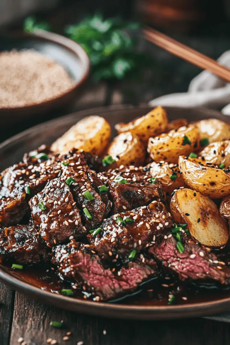 Sticky Honey Garlic Beef with Crispy Sesame Potatoes