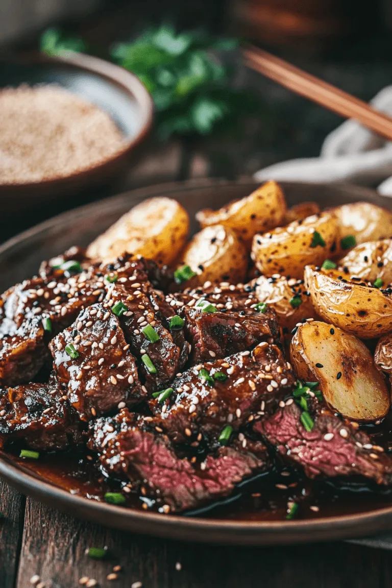 Sticky Honey Garlic Beef with Crispy Sesame Potatoes