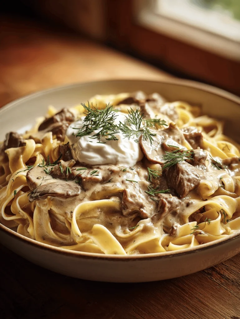 A bowl of beef stroganoff fettuccine with mushrooms and creamy sauce