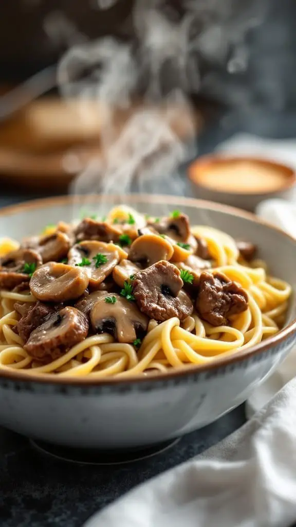 12 Easy One-Pot Pasta Dinner Recipes You’ll Love 13 A bowl of beef stroganoff fettuccine with mushrooms and creamy sauce