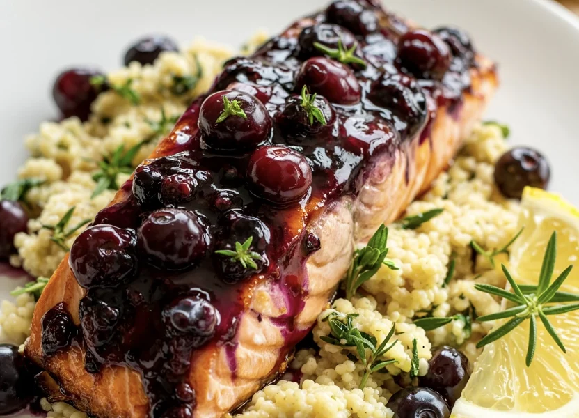 Blueberry Glazed Salmon with Lemon Herb Couscous 1 blueberry salmon 13