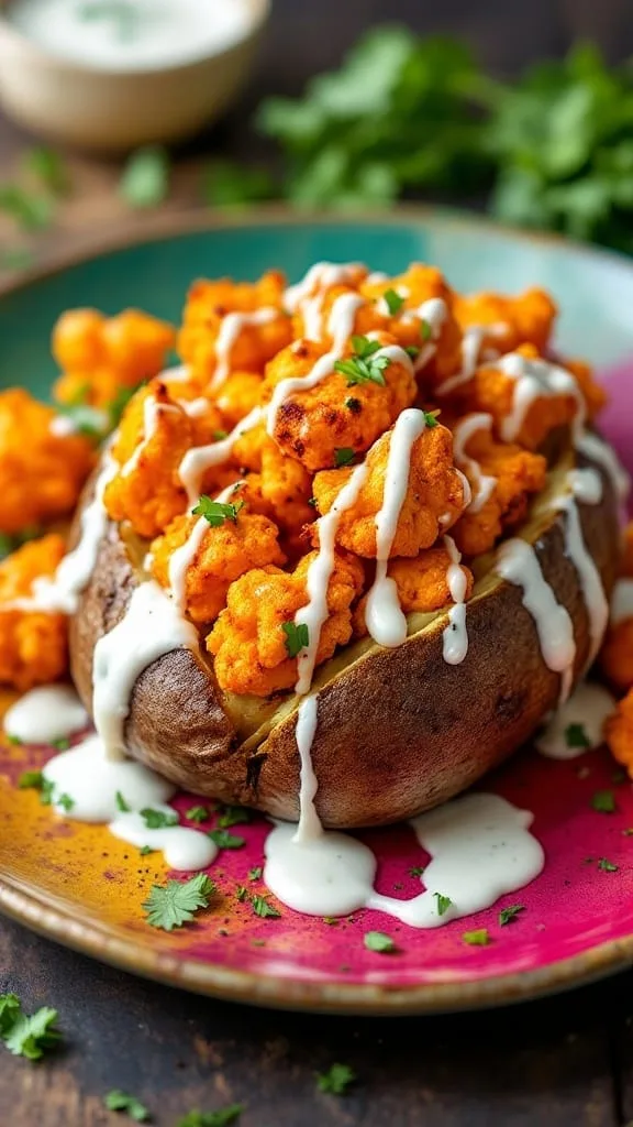 12 Irresistible Baked Potato Fillings You Need to Try 13 A baked potato topped with spicy buffalo cauliflower and drizzled with ranch sauce.
