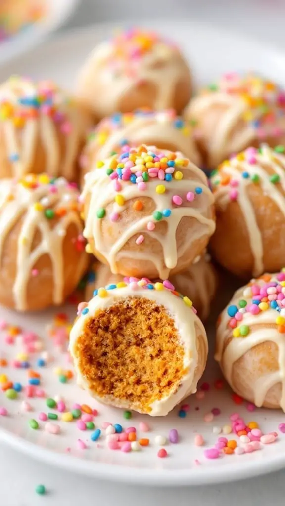 10 Delicious Ideas for Your Easter Family Party 3 Delicious carrot cake balls drizzled with cream cheese and sprinkled with colorful toppings.