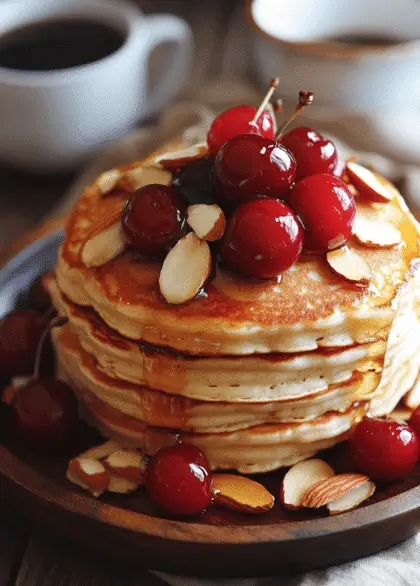 A stack of golden, fluffy cherry almond pancakes on a rustic wooden plate, topped with fresh cherries, sliced almonds, and a drizzle of honey. Soft natural lighting, a cozy breakfast setting with a cup of coffee and a linen napkin beside the plate. The pancakes have a slightly crispy edge and are beautifully layered with melted butter on top.