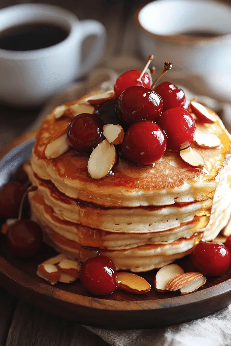 A stack of golden, fluffy cherry almond pancakes on a rustic wooden plate, topped with fresh cherries, sliced almonds, and a drizzle of honey. Soft natural lighting, a cozy breakfast setting with a cup of coffee and a linen napkin beside the plate. The pancakes have a slightly crispy edge and are beautifully layered with melted butter on top.