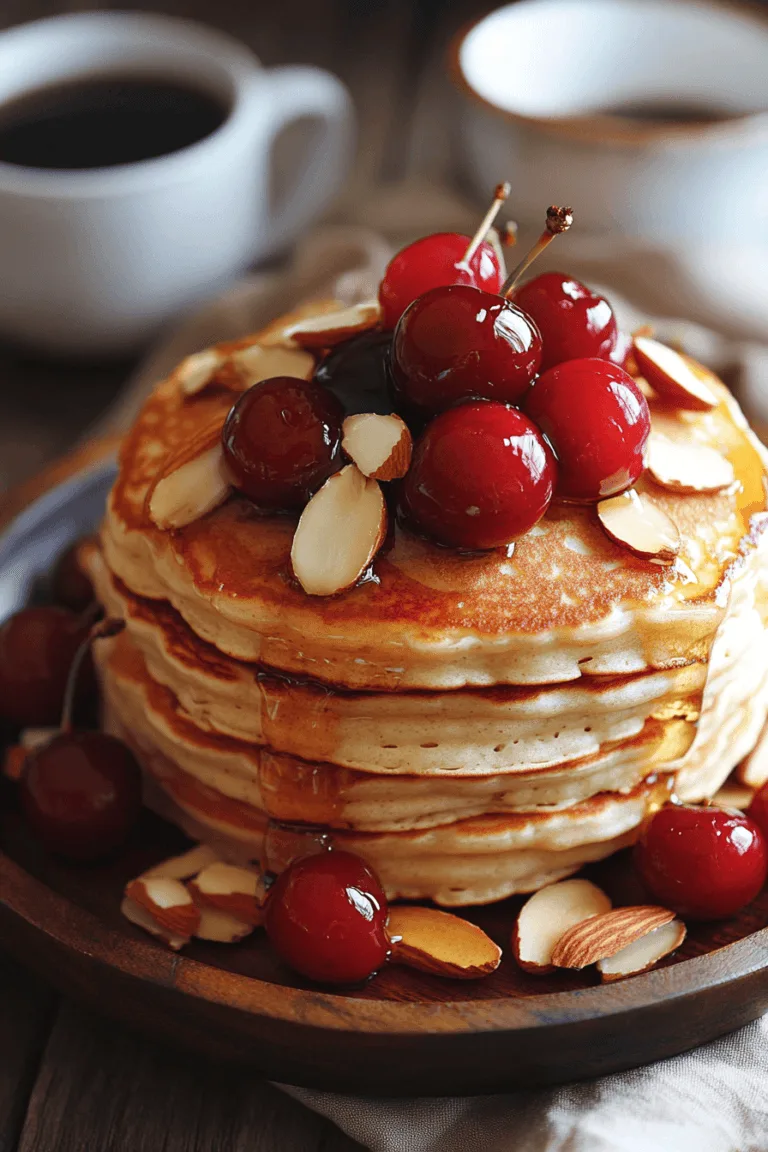 A stack of golden, fluffy cherry almond pancakes on a rustic wooden plate, topped with fresh cherries, sliced almonds, and a drizzle of honey. Soft natural lighting, a cozy breakfast setting with a cup of coffee and a linen napkin beside the plate. The pancakes have a slightly crispy edge and are beautifully layered with melted butter on top.