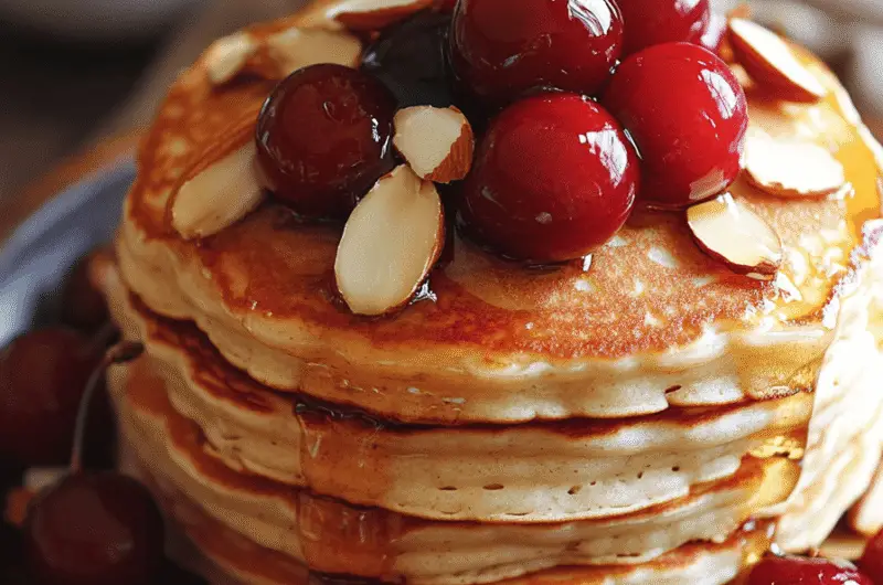 A stack of golden, fluffy cherry almond pancakes on a rustic wooden plate, topped with fresh cherries, sliced almonds, and a drizzle of honey. Soft natural lighting, a cozy breakfast setting with a cup of coffee and a linen napkin beside the plate. The pancakes have a slightly crispy edge and are beautifully layered with melted butter on top.