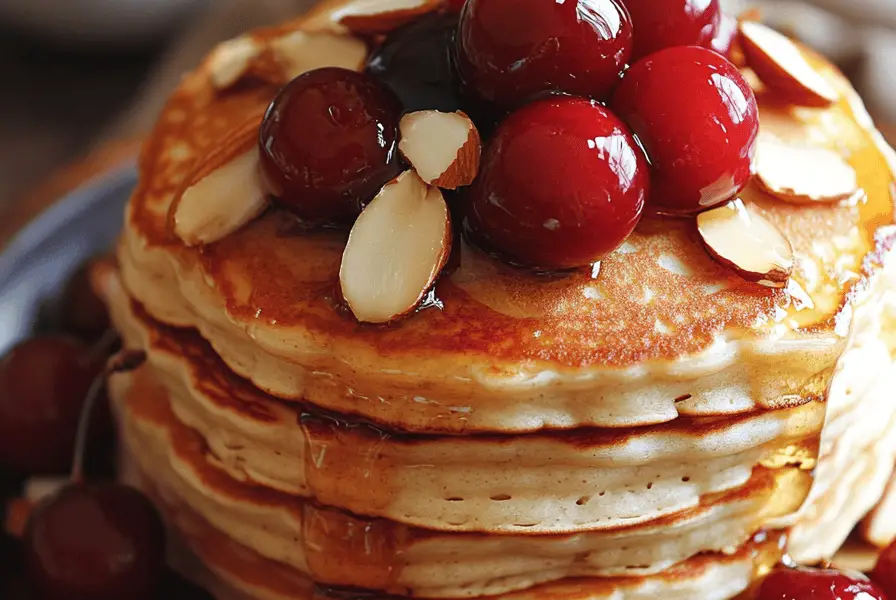 Cherry Almond Cottage Cheese Pancakes 1 A stack of golden, fluffy cherry almond pancakes on a rustic wooden plate, topped with fresh cherries, sliced almonds, and a drizzle of honey. Soft natural lighting, a cozy breakfast setting with a cup of coffee and a linen napkin beside the plate. The pancakes have a slightly crispy edge and are beautifully layered with melted butter on top.