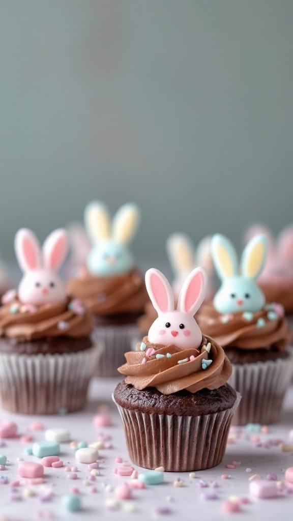 10 Delicious Ideas for Your Easter Family Party 11 Chocolate Bunny Cupcakes decorated with colorful bunny candies and sprinkles.