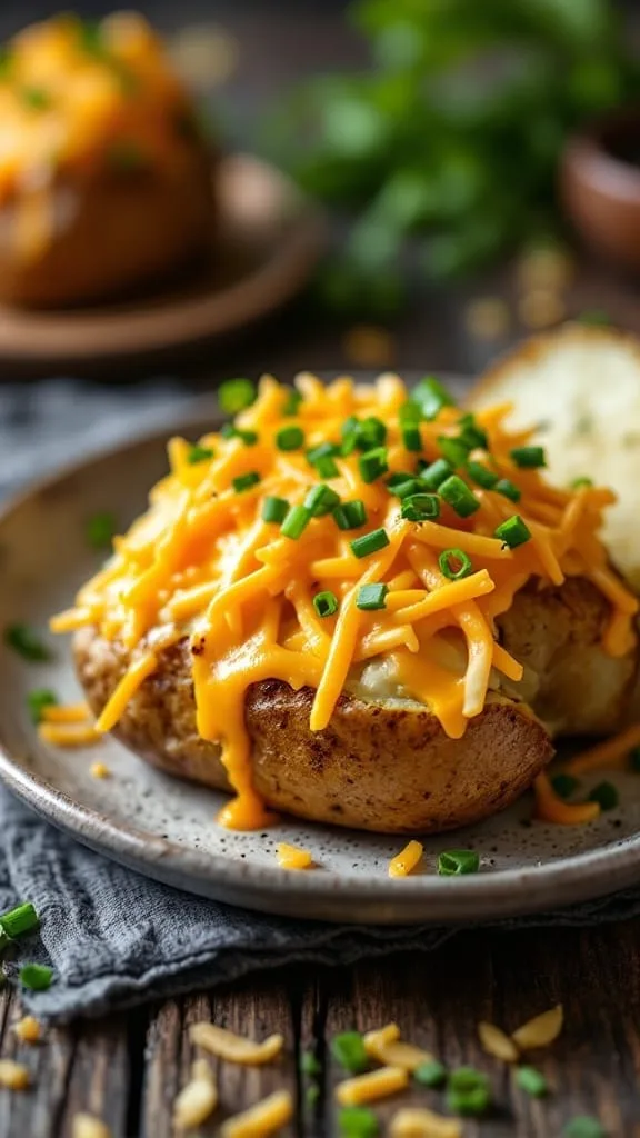 12 Irresistible Baked Potato Fillings You Need to Try 2 A baked potato topped with cheddar cheese and chives on a plate.